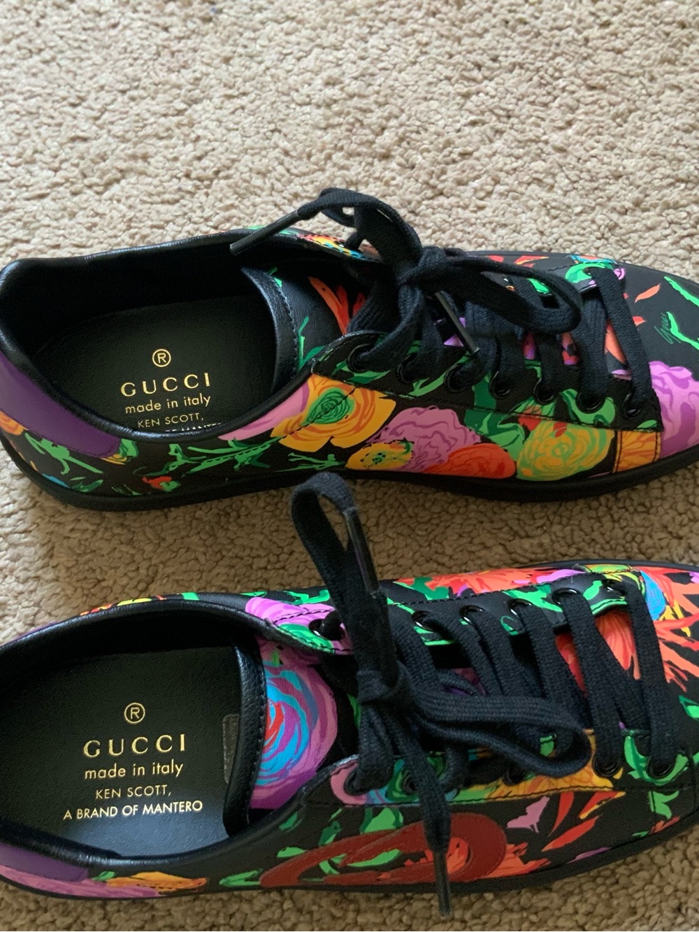 Gucci X Ken Scott Ace Women’s Black Casual Floral Logo Leather Sneakers Size 37 - Picture 3 of 13
